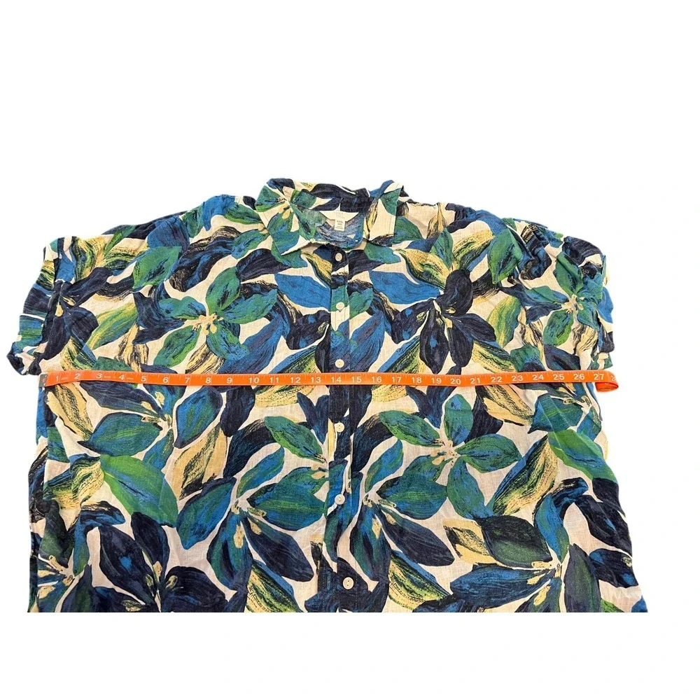Time and Tru Womens XXXL 22 Blue Green Tropical Floral‎ Linen Blend Button Shirt